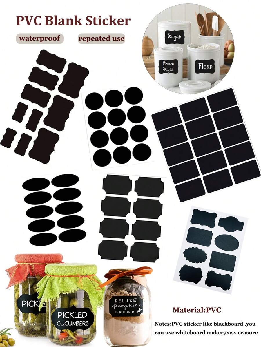 黑色PVC空白貼紙，可重複使用擦拭、防水、帶膠，家用廚房收納分類標籤材料，用於烘焙和甜點包裝貼紙，可命名保質期和使用期限，適用於玻璃瓶和調味品瓶，提供多種尺寸和形狀：24片/30片/36片/45片禮品袋用 - 黑色 - 查看 1
