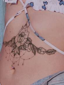 Large Size Chest Tattoo Sticker With Flower & Tassel Pendant Design, For Chest/Abdomen/Back, 1pc/Pack - Black - View 5
