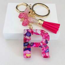 1pc Women's Initial Keychain With Pink Resin Letter, Rhinestone & Butterfly Pendant For Bag/Purse Boho - Hot Pink - View 15