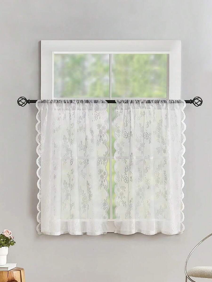 2pcs Lace Decorative Curtain With Flower Lace, Suitable For Kitchen, Balcony, Shoe Cabinet, And Book Cabinet - White - View 1