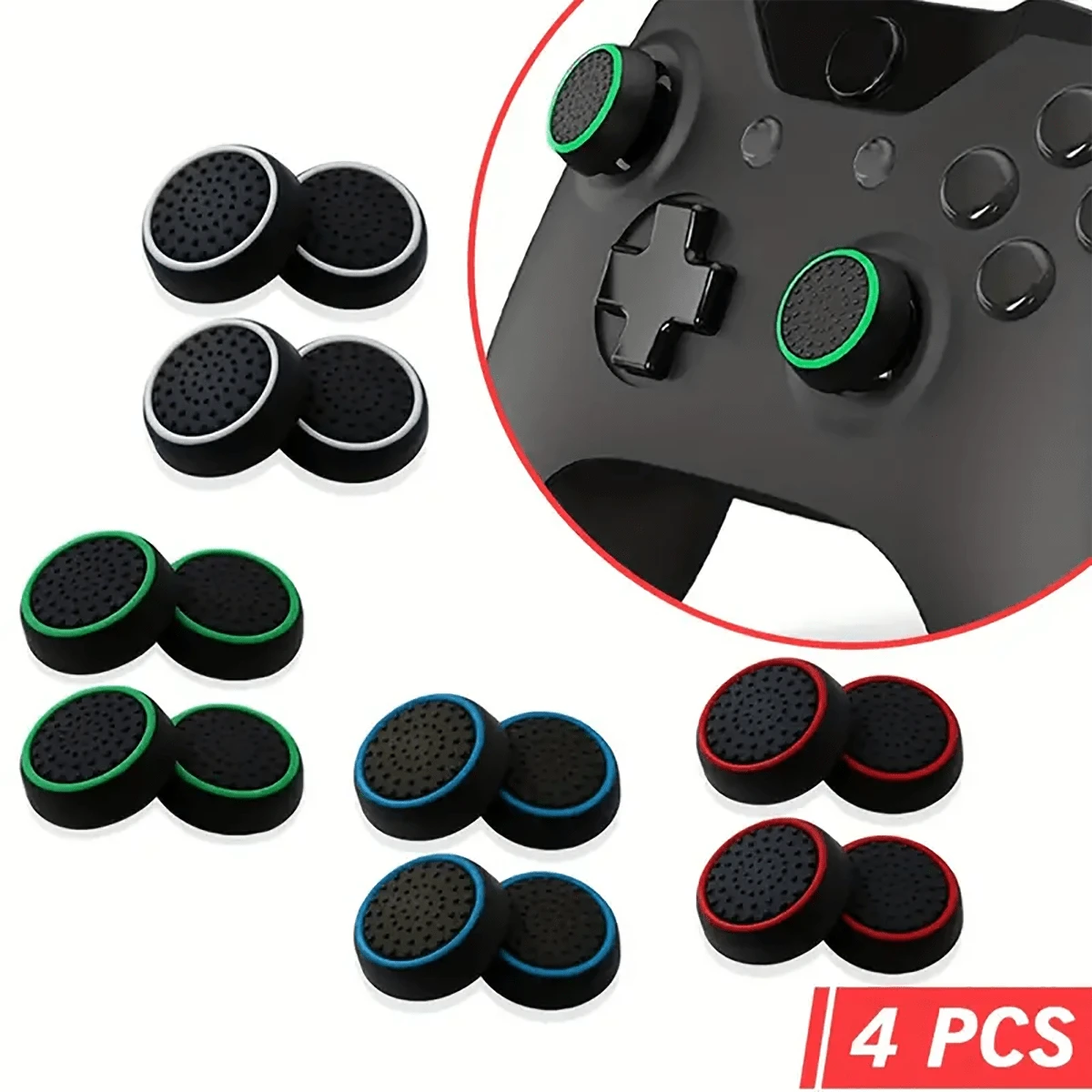4pcs Replacement Silicone Analog Controller Joystick Thumb Stick Grips Caps Cover Compatible With PS4 PS3 PS2 One/360 Game Controller - Black - View 1