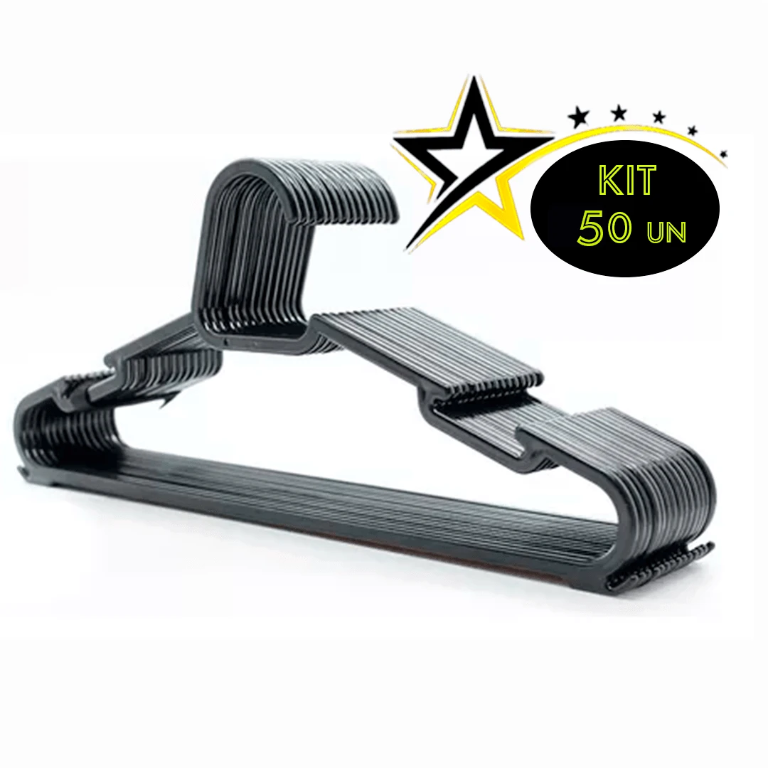 Kit 50 Black Plastic Hangers Combat 39x17cm For Any Type Of Clothing - Black - View 1