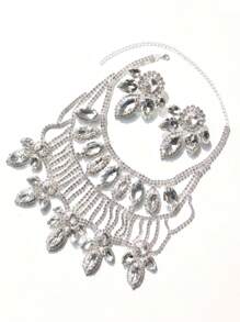 Exaggerated Luxury Rhinestone Necklace And Earrings Set, Fashionable Party Evening Dress Jewelry Accessories - Silver - View 3
