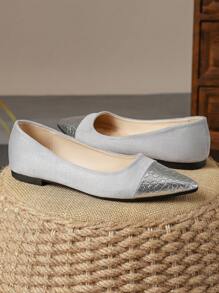 MonaNise 女士舒适尖头黑色蛇纹黄色平底鞋，深蓝色，适合旅行和秋季，休闲百搭橄榄绿低帮纯色鞋 - 銀色 - 查看 3