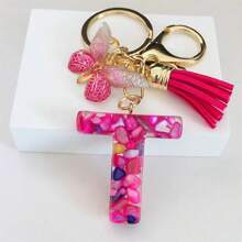 1pc Women's Initial Keychain With Pink Resin Letter, Rhinestone & Butterfly Pendant For Bag/Purse Boho - Hot Pink - View 21