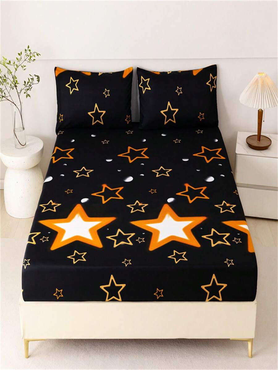 3入組印花床上用品套裝，1床單和2枕套（床單高度：30cm） - 星星 - 查看 1