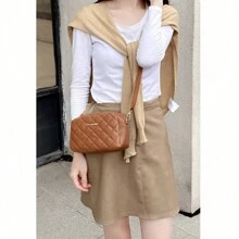 女士小号斜挎包单肩包邮差包黑色刺绣相机包2024时尚女包新款单肩包菱格斜挎包手提包女学生女士礼物 - 棕色 - 查看 4