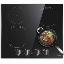 Induction Hob Black Glass Electric Cooktop Built-In 4 Zone Electric Hob With Knob 60cm, 7200W, Hard Wire, No Plug Included - Black - View 1