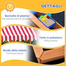 Sabbiera per Bambini in Legno con Tettuccio Regolabile in Altezza, Gioco da Giardino con Sedute sui Bordi e Vaschette, 107.5x107.5x110cm - Giallo - Visualizzare 3
