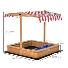 Sabbiera per Bambini in Legno con Tettuccio Regolabile in Altezza, Gioco da Giardino con Sedute sui Bordi e Vaschette, 107.5x107.5x110cm - Giallo - Visualizzare 4