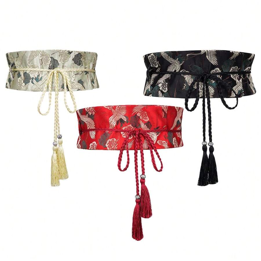 1條女士刺繡腰帶復古百搭裝飾繫帶,附流蘇,適用於裙子/毛衣 - 紅色 - 查看 1