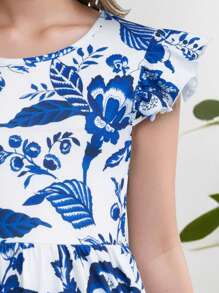 Kilottor Tween Girl Bohemian Floral Print Cap Sleeve Long Dress, Vacation Style - Blue - View 4