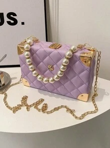 Túi xách hộp trang trí đính đá Rhinestone hình lưới kim cương chần bông chắc chắn có dây đeo xích kim loại, Túi đeo chéo nữ, Quà tặng thời trang - Màu tím - Xem 7