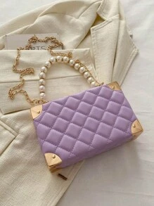 Túi xách hộp trang trí đính đá Rhinestone hình lưới kim cương chần bông chắc chắn có dây đeo xích kim loại, Túi đeo chéo nữ, Quà tặng thời trang - Màu tím - Xem 10