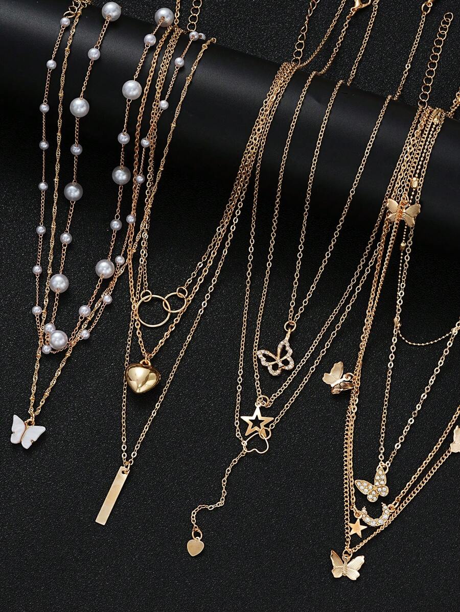 17KM 11 件/套简约心形、蝴蝶、珍珠、星星和月亮吊坠项链套装，女士度假、约会、礼物、日常派对配饰 - 金黃色-11件 - 查看 1