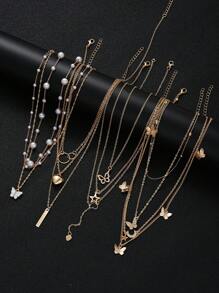 17KM 11 件/套简约心形、蝴蝶、珍珠、星星和月亮吊坠项链套装，女士度假、约会、礼物、日常派对配饰 - 金黃色-11件 - 查看 2