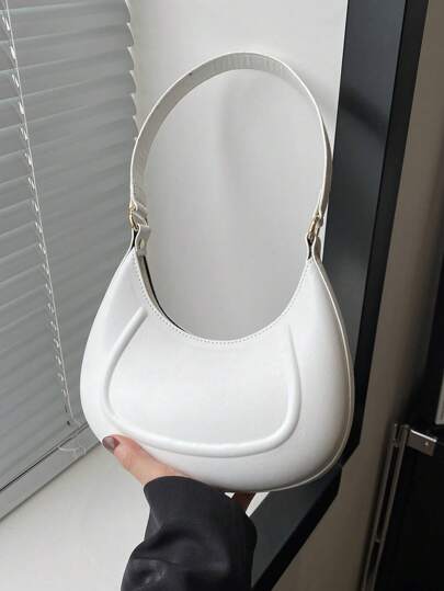 1 件拉链封口纯色 PU 新月单肩包，时尚复古女士工作单肩包，适合日常办公使用，女士 Tready 新月包