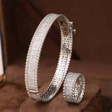 Set de 2 piezas de pulsera y anillo de circonita cúbica de círculo completo para mujer con estilo nupcial