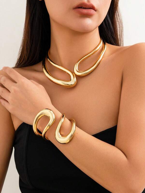 1pc Vintage Asymmetrical Multi-Layer Hollow Out Simple Alloy Choker Necklace & Bracelet Gold/Silver Collarbone Chain Charm Jewelry Set For Women Daily Wear Or Gift