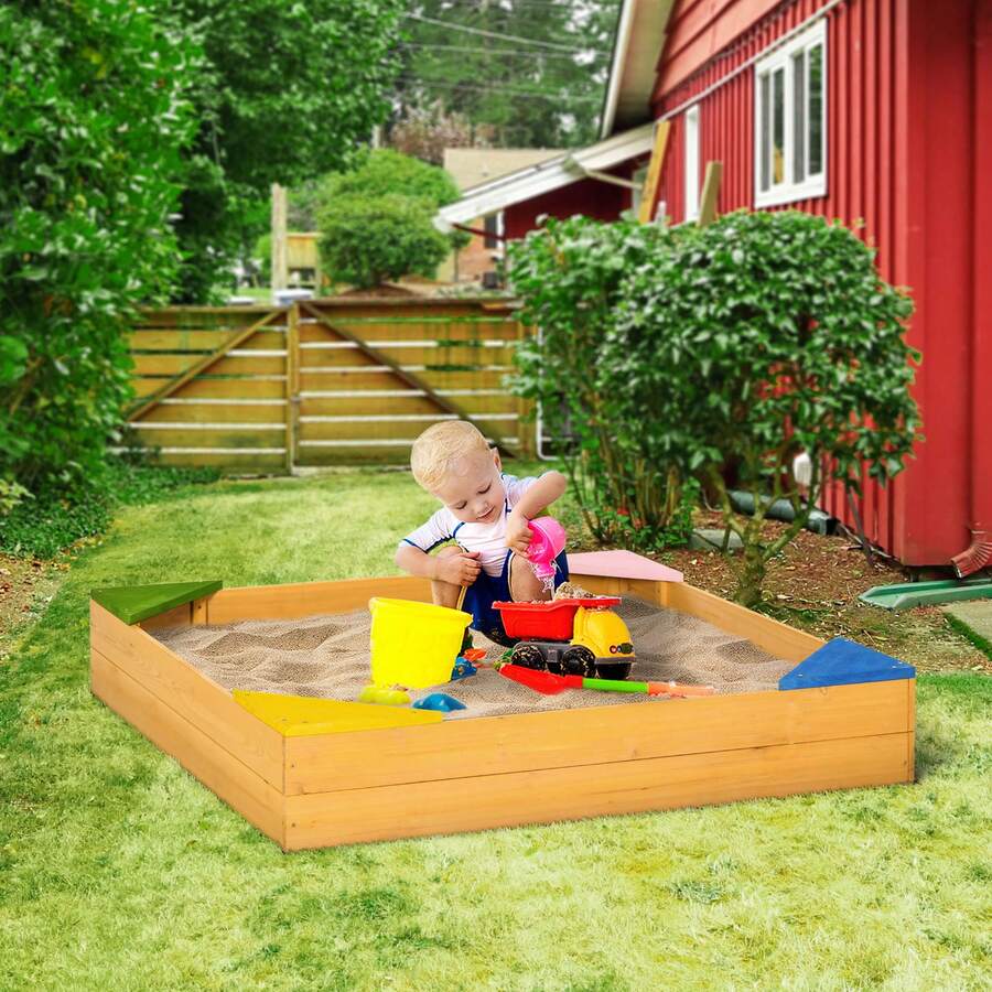 Sabbiera per Bambini da 4 Posti in Legno di Abete con Design senza Fondo e Fodera Rimovibile, 109x109x19.8 cm, color Legno - Giallo - Visualizzare 1