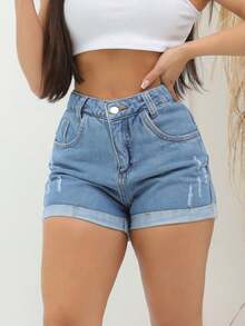 Women Denim Shorts - Rửa trung bình - Xem 3