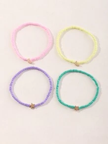 4 Piezas Tobilleras Para Niñas Con Diseño De Estrellas Y Lunas Con Cuentas De Arroz Coloridas - Unitalla - Ver 3