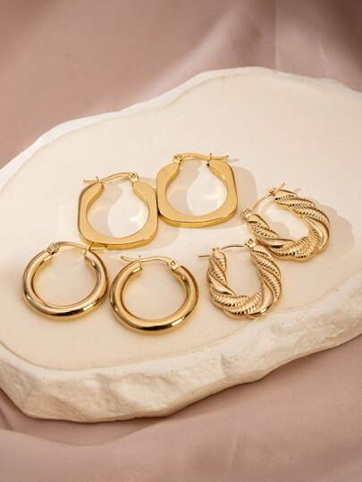 3 pares/set Pendientes de acero inoxidable chapados en oro con diseño geométrico asimétrico de tendencia, adecuados para fiestas, uso diario y versátil para mujeres