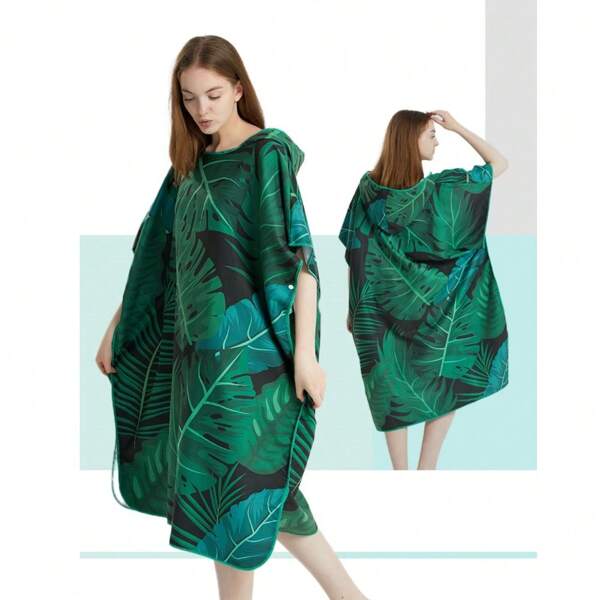 1 pieza Bata con capucha con diseño de plantas verdes alegres, hecha de tela de fibra ultrafina amigable con la piel y material de secado rápido, suave y ligera, adecuada para la playa, la , el baño, la natación, el fitness, etc. Se puede usar como cubierta de playa, fácil de limpiar y mantener, material cómodo, esenciales de playa, accesorios de playa, flotador de piscina