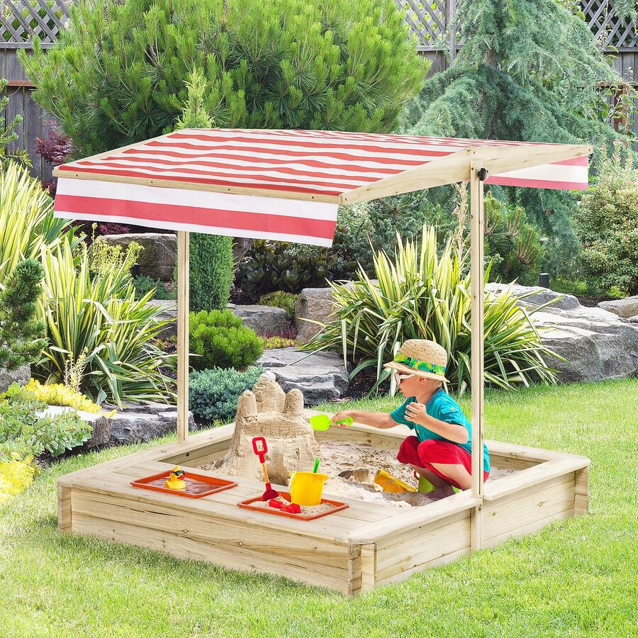 Sabbiera per Bambini 3-8 Anni in Legno con Tettuccio Regolabile e Sedili, Gioco da Giardino con 2 Bacini, 118 x 118 x 118 cm - Giallo - Visualizzare 1