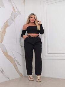 Calça Feminina Alfaiataria Social Cintura Alta Com Cinto Removível - Preto - Visão 3