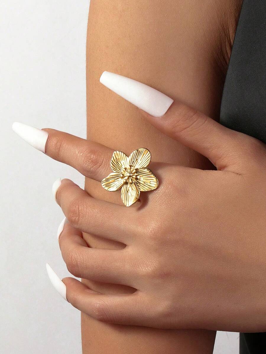 1 chiếc hoa lớn màu vàng kim thời trang phóng đại, thích hợp cho phụ nữ kết hợp trang phục hoặc nhẫn hở trang trí làm quà tặng ngày lễ tình nhân - Vàng - Xem 1
