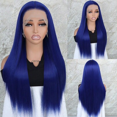 26 Inches Long Straight Dark Blue Color Hair Synthetic Lace Front Wigs 13x4 Lace Area Free Part Pre Plucked With Baby Hair Around Natural Hairline Glueless Heat Resistant Fiber Frontal Lace Wig For Fashion Women Girls Party Vacation Show Makeup Use Daily Wear