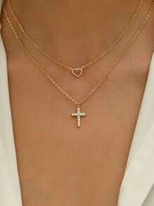 2 mặt dây chuyền hình trái tim và chữ thập Cubic Zirconia thanh lịch nhiều lớp cho phụ nữ, phụ kiện hẹn hò hàng ngày, quà tặng lễ hội Valentine, mẹ, mẹ, ngày của mẹ, quà tặng - Vàng - Xem 1