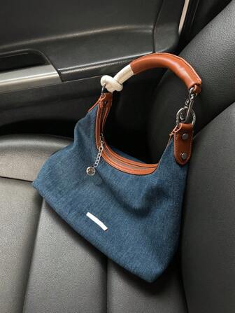 1pc Fashionable Vintage Style Denim & Color Block Shoulder Bag Y2k Women's Bag, Perfect For Music Festival