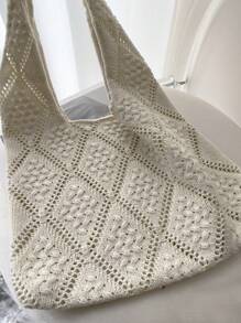 Women's Crocheted Tote Bag, Hollow Solid Color, Vacation Style For Going Out Shopping.