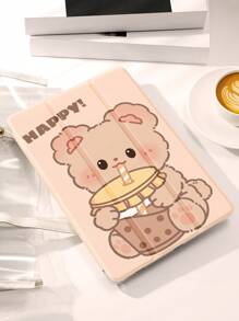 1pc Cartoon Pattern Tablet Case For Drinking Bubble Milk Tea Shaped As Bear, With Pen Slot, Drop-Proof, Sleep/Wake Up Function, Compatible With Samsung, Huawei, Xiaomi And Ipad