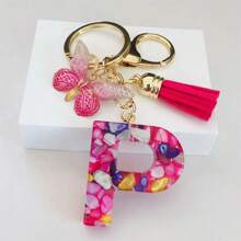 1pc Women's Initial Keychain With Pink Resin Letter, Rhinestone & Butterfly Pendant For Bag/Purse Boho - Hot Pink - View 16