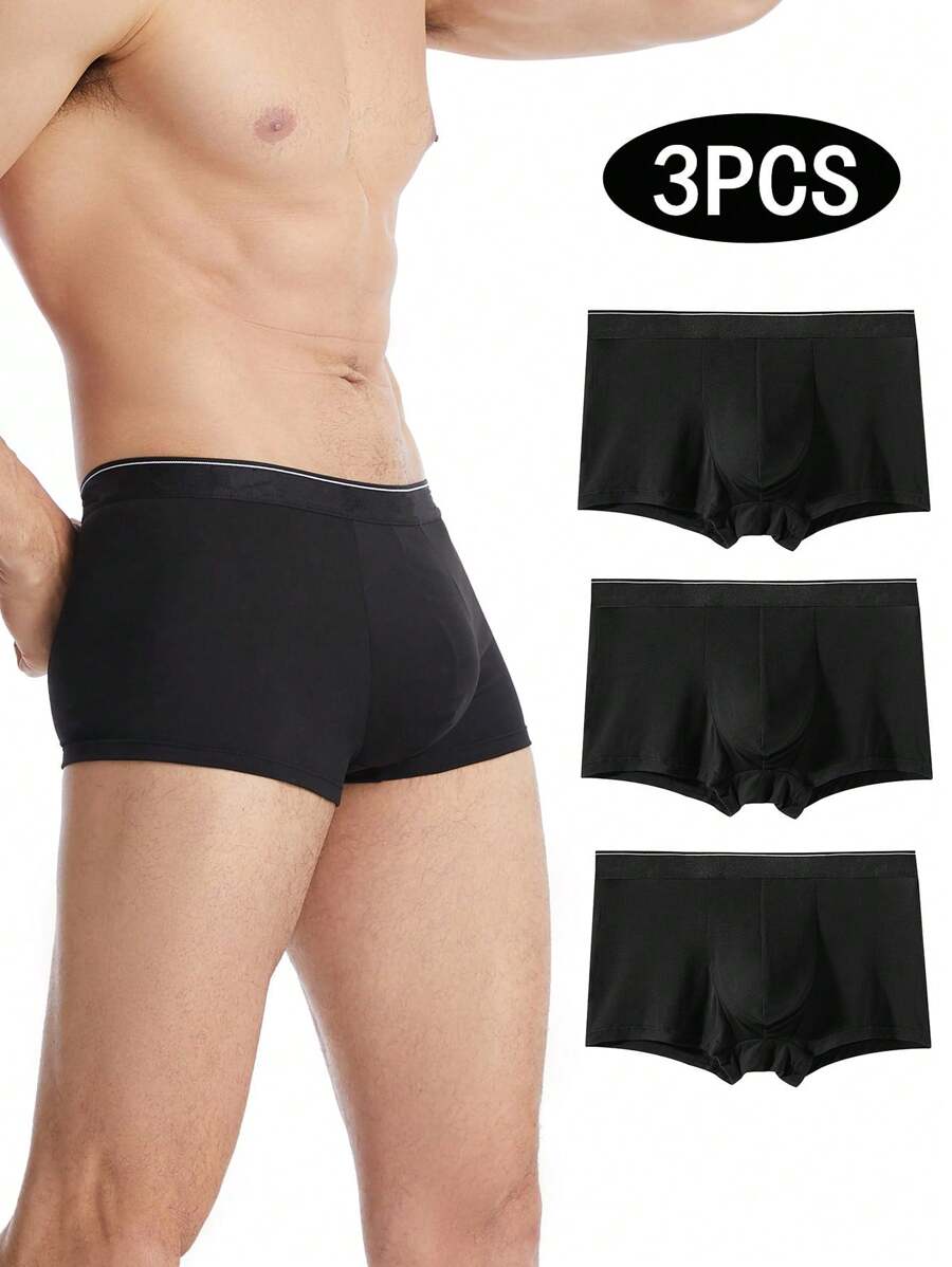 3 peças Cuecas tipo boxer médio respirável de cor sólida para homens