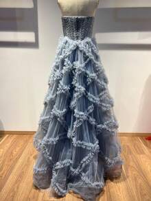 mujer vestido corte princesa pedreria en corset falda de tul detalle de rombos - Gris - Ver 2