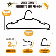 Kit 50 Black Plastic Hangers Combat 39x17cm For Any Type Of Clothing - Black - View 3