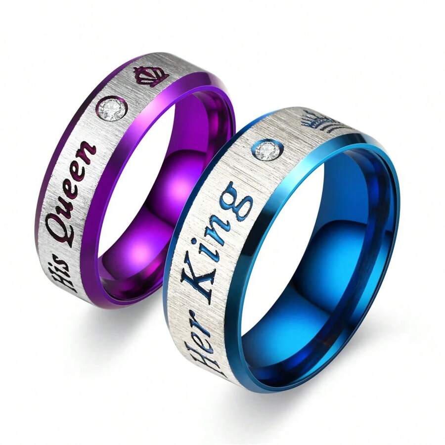 1Pc Fashion Stainless Steel Couple Rings Her King His Queen Wedding Rings For Men Women With Zirconia Ring Romantic Anniversary Wedding Band Jewelry Valentine's Day Gifts,Mom,Mother,Mother's Day,Gift - Her King His Queen - View 1