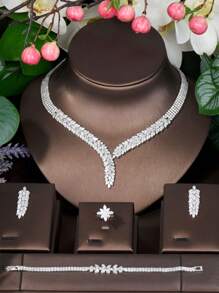 1 Pieza Juego De Joyas Con Forma De Hoja De Sauce De Circonita Cúbica Elegante, Adecuados Para Compromiso Y Boda - Plateado - Ver 2