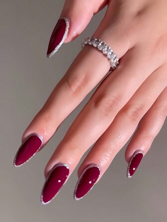 24pcs/Set European And American Style Medium-Long Length Cherry Sparkle Almond Shape False Nails+1pc Jelly Glue+1pc Nail File Press On Nails Nail Supplies