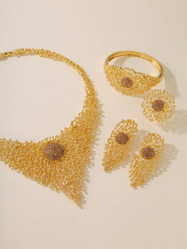 مجوهرات أنيقة لحفلات الزفاف المكونة من عقد وأساور وأقراط وخاتم من الأحجار الكريمة ، هدية للأم 5 قطعرمضان