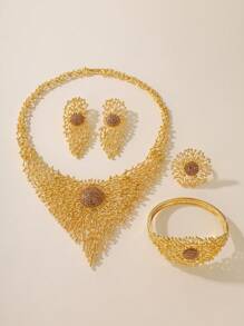 5 sztuk Elegancki Panie Ślub Zestawy Biżuterii Kamienie szlachetne Naszyjniki Bransoletki Kolczyki Pierścień Prezent Dla Matka - Żółte złoto - Zobacz 3