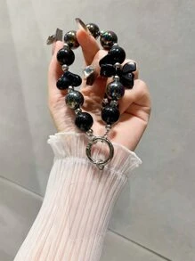 1 件黑色镀层韩式蝴蝶结和心形装饰挂绳手链，适用于手机、耳机、珠宝装饰礼物，适合送给母亲、家人、朋友、生日、节日手机挂饰、手机链 - 黑色 - 查看 3