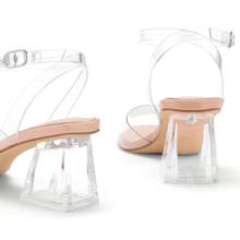 Women Clear Heels Low Heel Sandals Transparent Zebra Rhinestones Block Heeled Shoes - 無色 - 查看 4