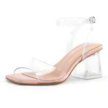 Women Clear Heels Low Heel Sandals Transparent Zebra Rhinestones Block Heeled Shoes - 無色 - 查看 1