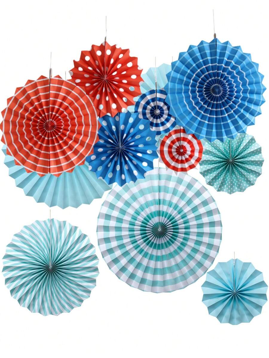 6入組紅藍紙扇掛壁裝飾花朵套裝,婚禮、生日、訂婚、婚禮派對、節日慶典用掛式橫幅 - 紅藍點紙扇花 - 查看 1