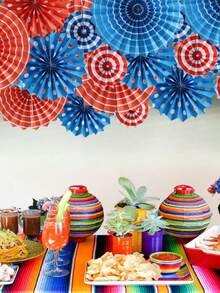 6入組紅藍紙扇掛壁裝飾花朵套裝,婚禮、生日、訂婚、婚禮派對、節日慶典用掛式橫幅 - 紅藍點紙扇花 - 查看 4